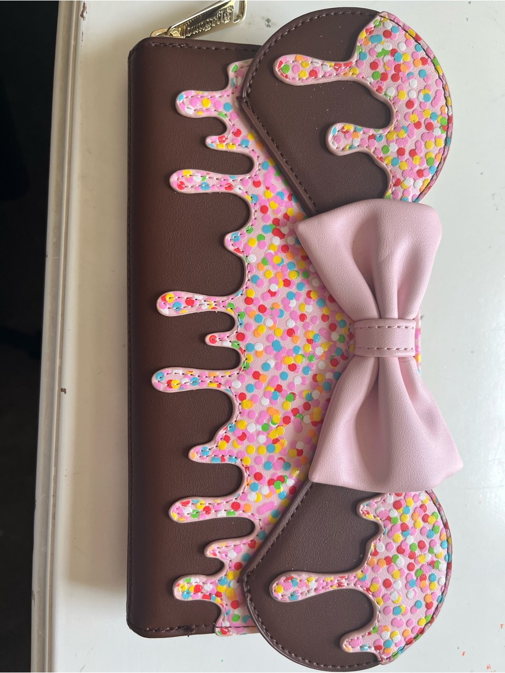 Loungefly Brown Chocolate Drip Wallet with Pink Bow and Confetti